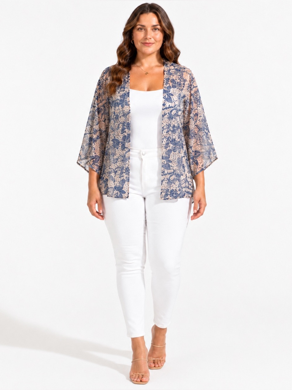 TeenBell Paisley Kimono Open Front Boho Blue Cream Lightweight Cover Up Large